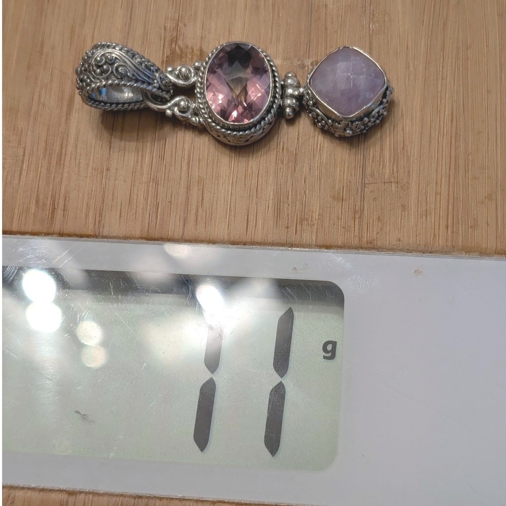 Sarda Sterling Silver Pink Quartz & Rose De France Balinese Style Pendant Ornate - Picture 7 of 8